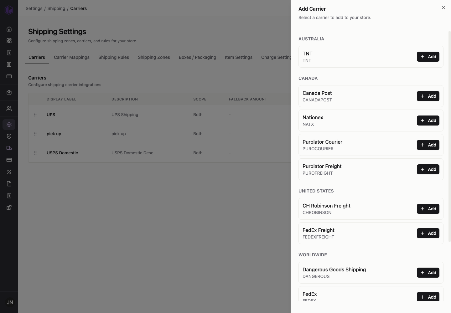 The carriers list and the Add Carrier panel