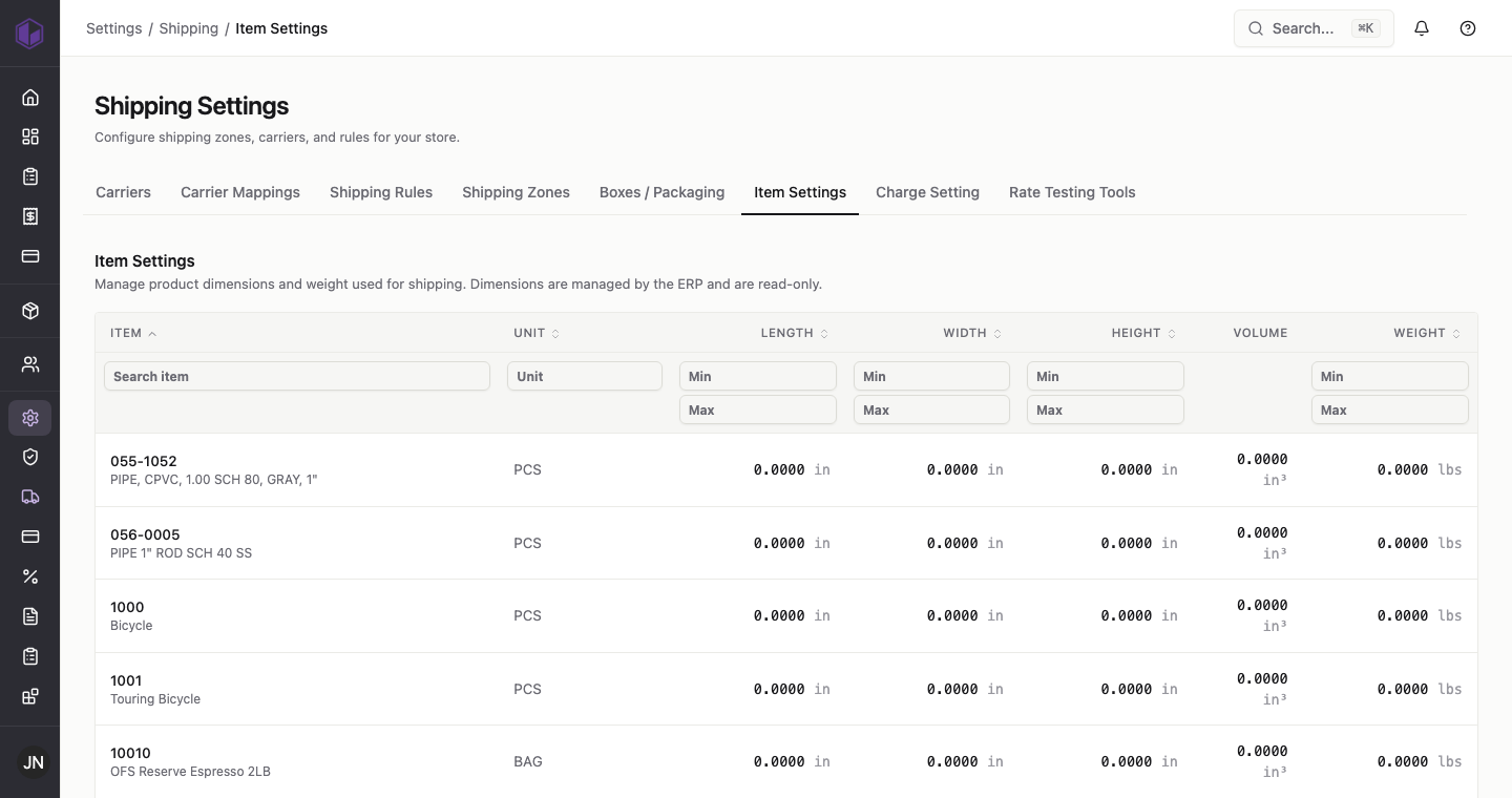 Item shipping settings