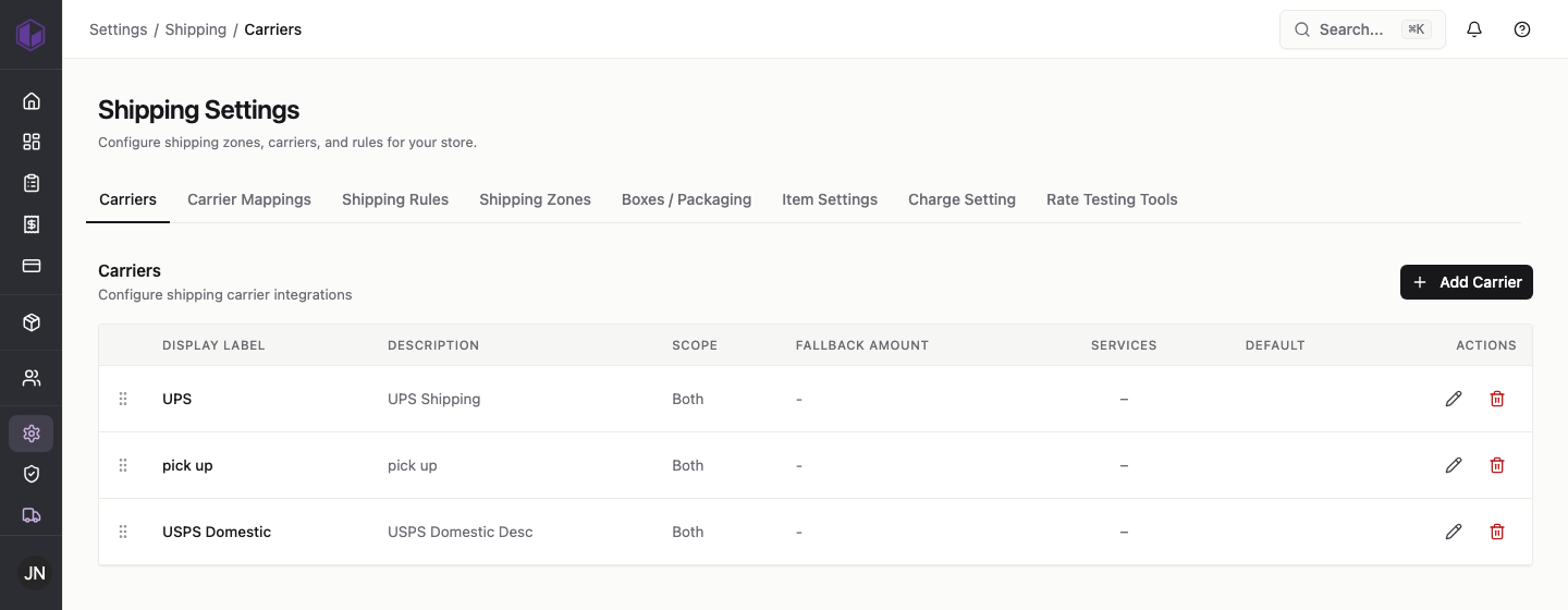 The Shipping Settings tabs