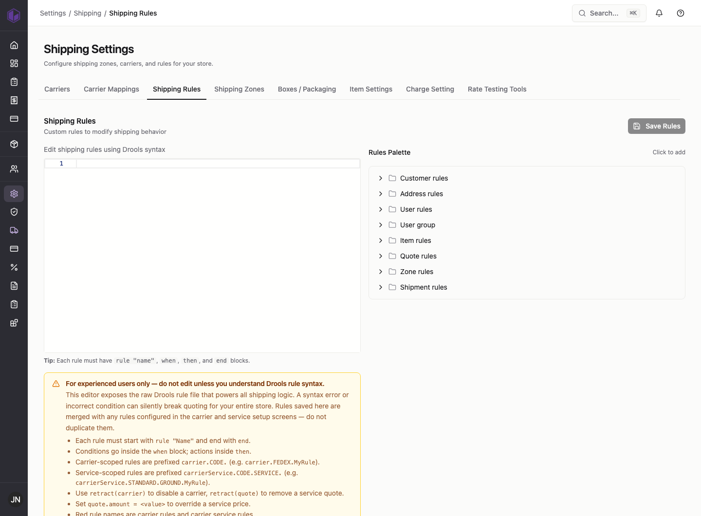 The advanced shipping rules editor
