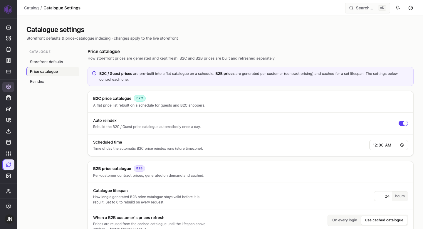 Price catalogue settings for B2C and B2B pricing