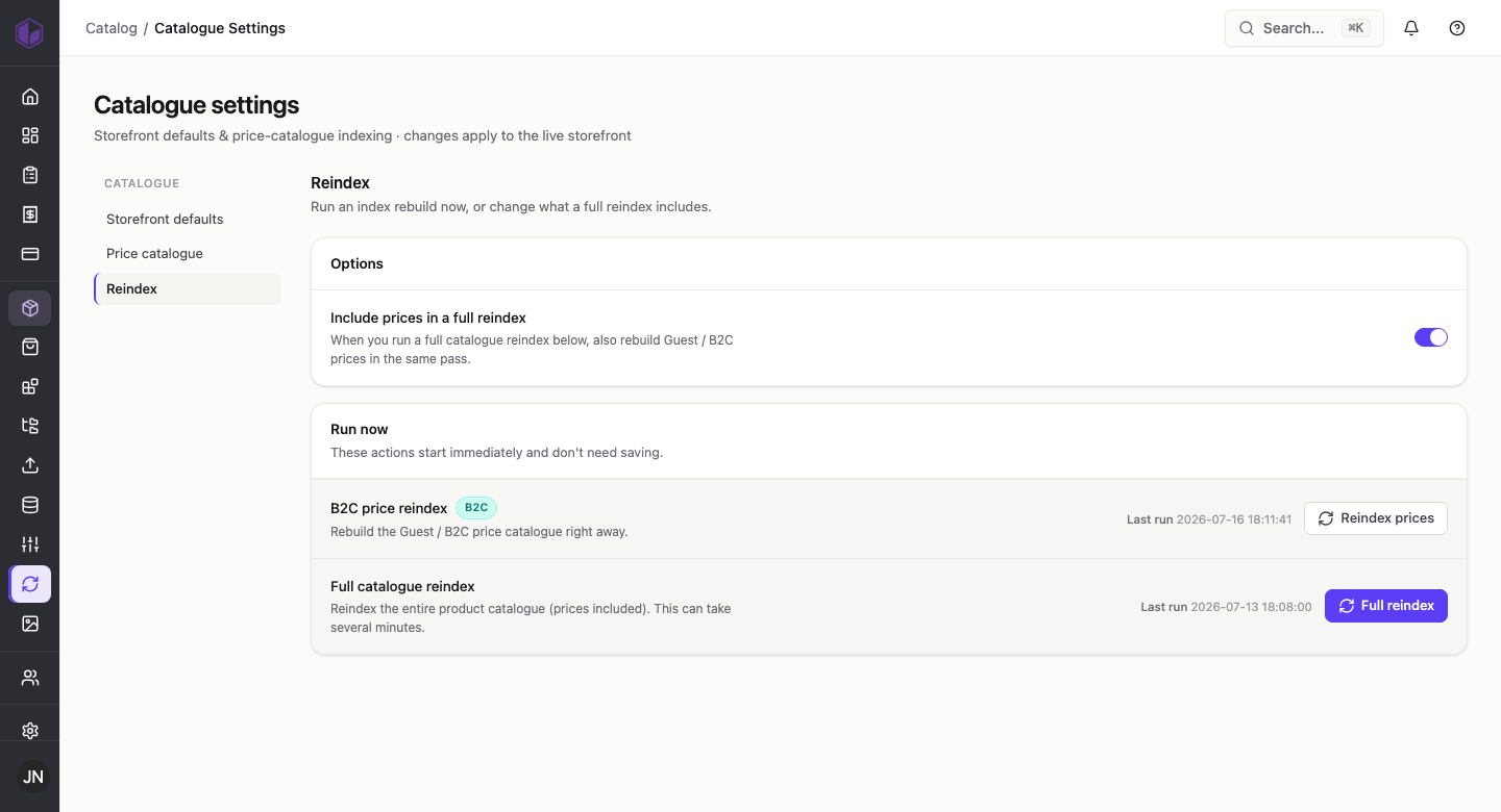Reindex options and run-now actions
