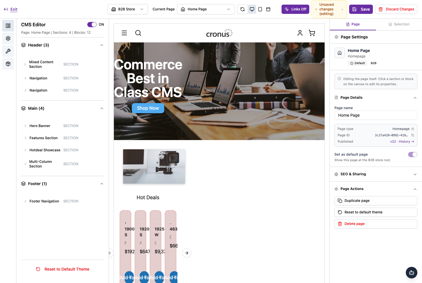 The page editor layout — structure panel, live preview, and settings
