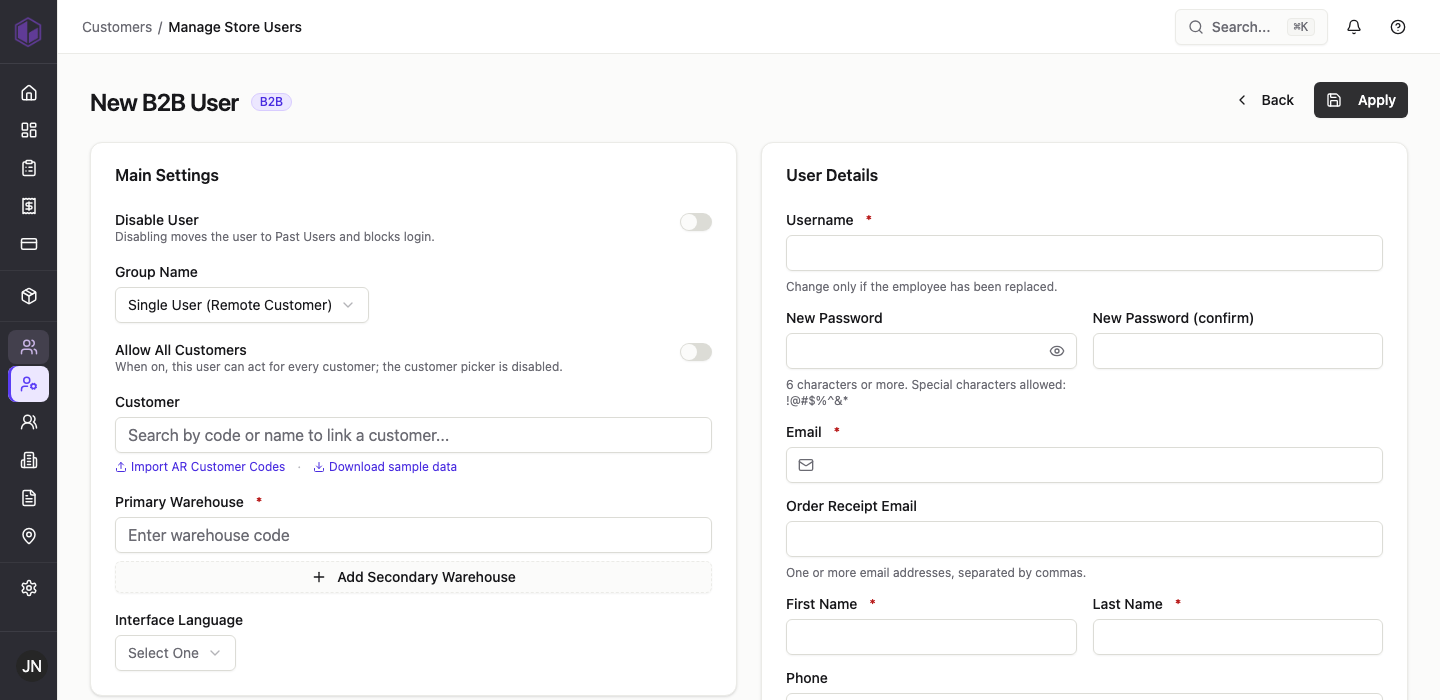 The New B2B User form