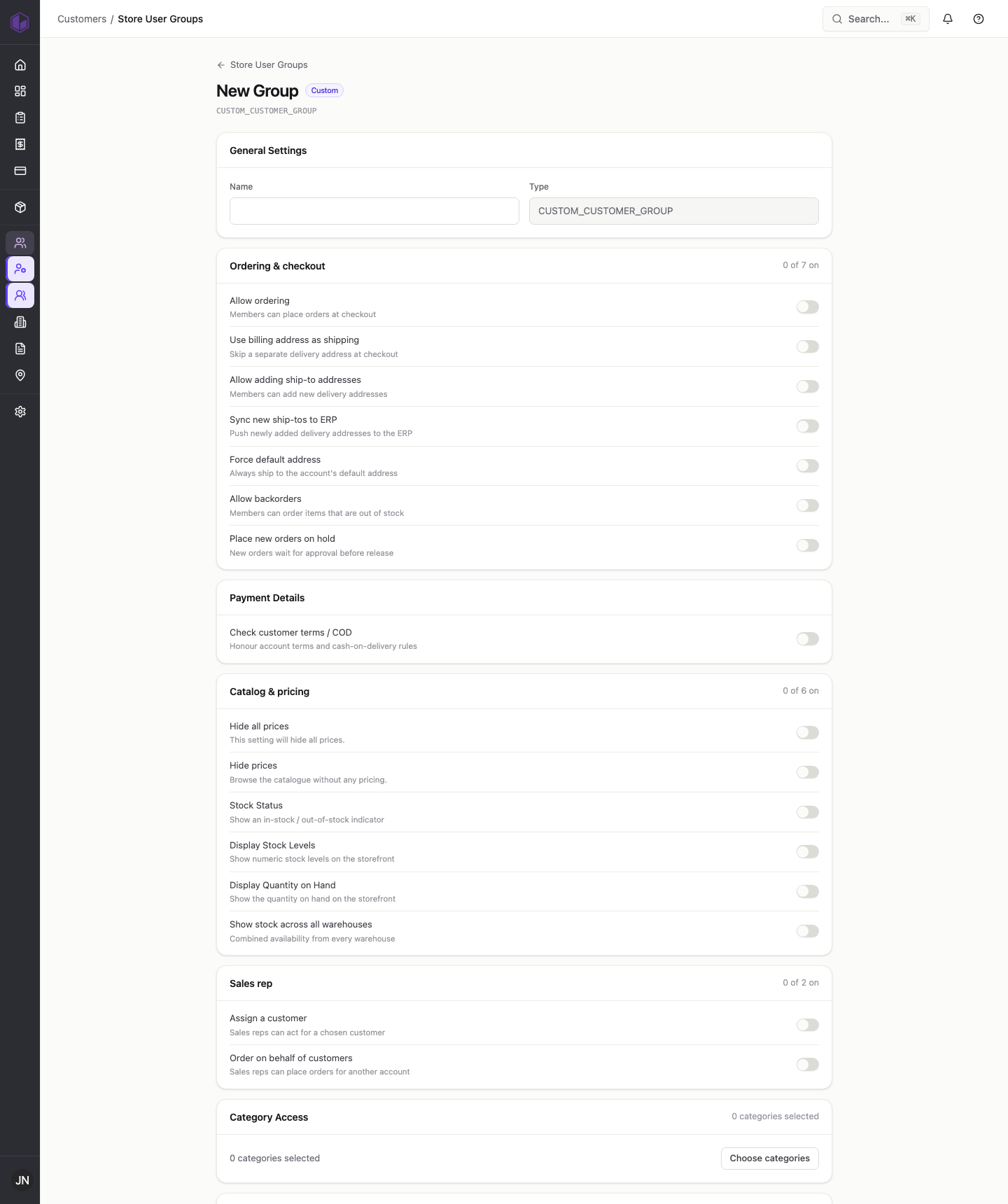 Creating a store user group and its permission sections