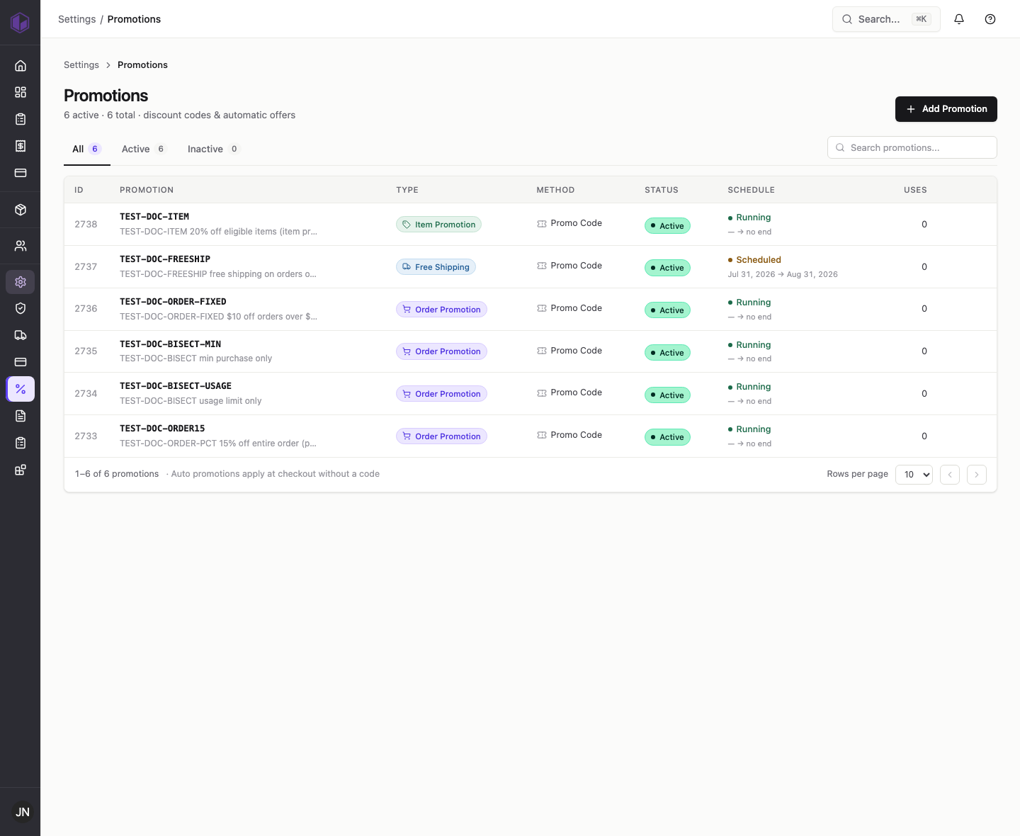 The Promotions list in the v5 admin