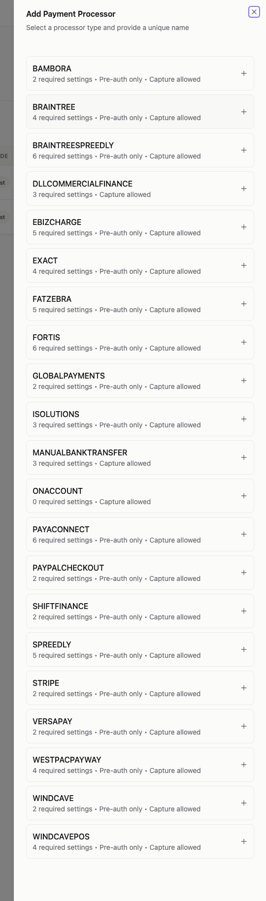 The Add Payment Processor panel listing supported gateways