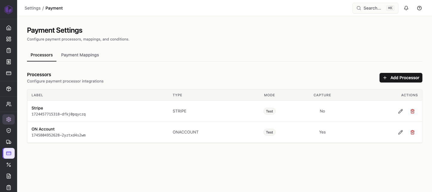The Payment Settings page showing the processors list
